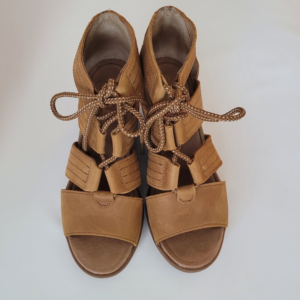 Sorel Joanie II Tan Lace-up Leather Women's Wedge Sandals USA Size 8